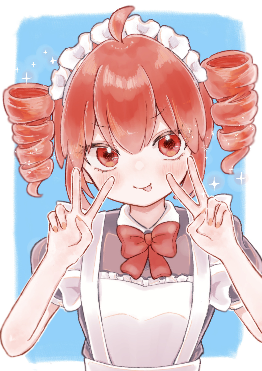 1girl, :p, absurdres, ahoge, alternate_costume, apron, black_dress, blue_background, border, bow, bowtie, double_v, dress, drill_hair, highres, kasane_teto, kuroshiro_(lilymofumofu), light_blush, looking_at_viewer, maid, maid_apron, maid_headdress, outline, puffy_short_sleeves, puffy_sleeves, red_bow, red_bowtie, red_eyes, short_sleeves, sidelocks, smile, solo, tongue, tongue_out, twin_drills, upper_body, utau, v, white_border, white_outline