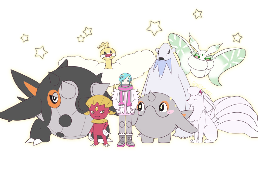 1boy, alolan_ninetales, altaria, alternate_color, animal_ears, antennae, arice487, bear_ears