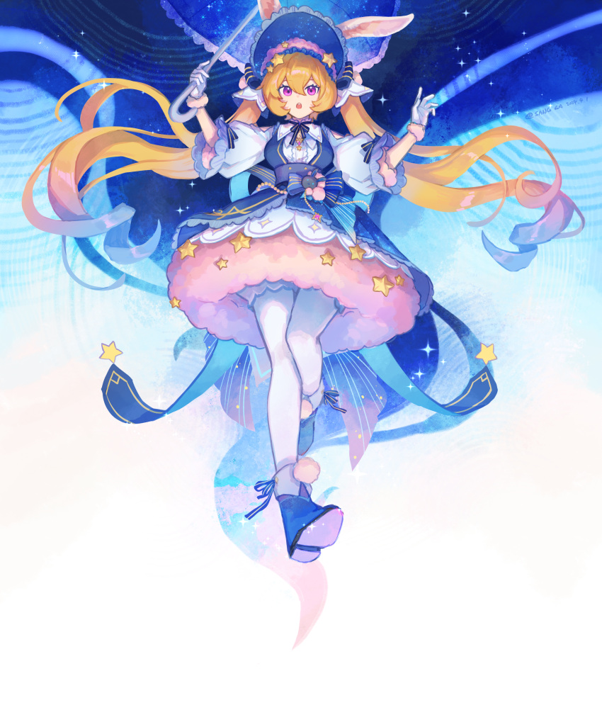 1girl, absurdres, animal_ears, blonde_hair, blue_footwear, blue_hair, blue_ribbon, bonnet