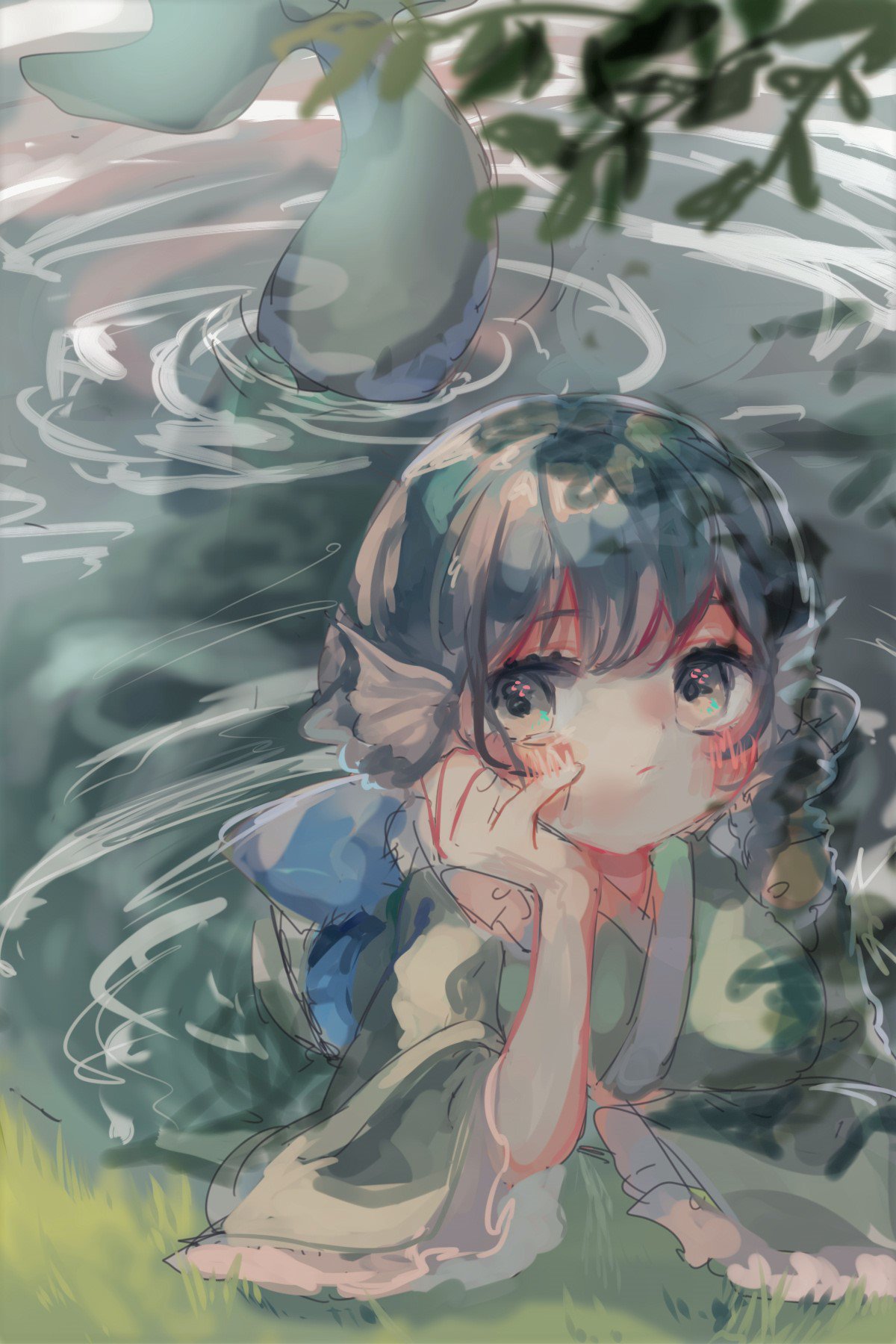 1girl, blue_hair, drill_hair, drill_sidelocks, fins, floating_head, frilled_kimono, frills
