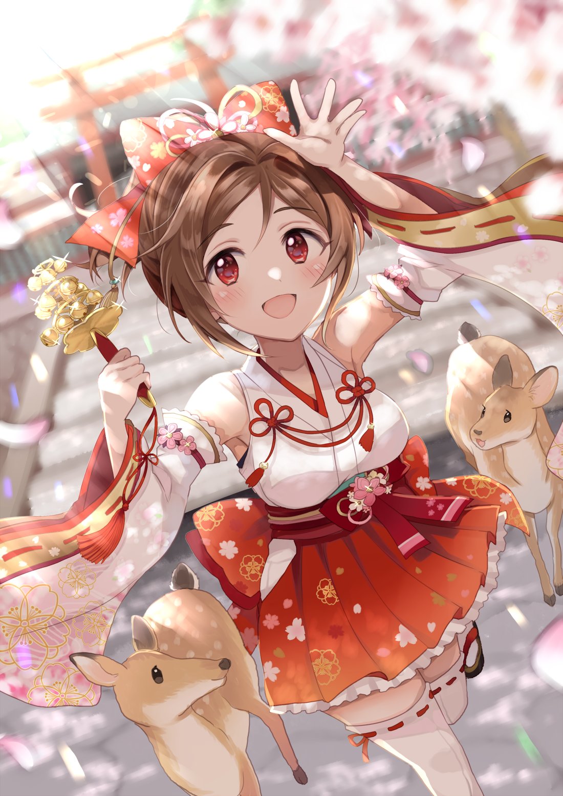 1girl, arm_up, armpits, bare_shoulders, bell, blurry, blurry_background, blush