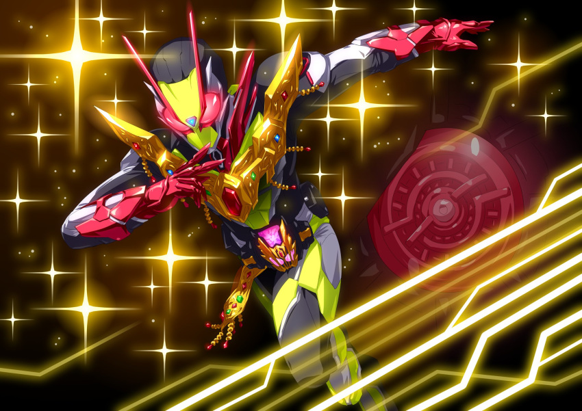 1boy, antennae, ark_(kamen_rider_01), armor, asymmetrical_armor, belt, black_bodysuit, blue_gemstone