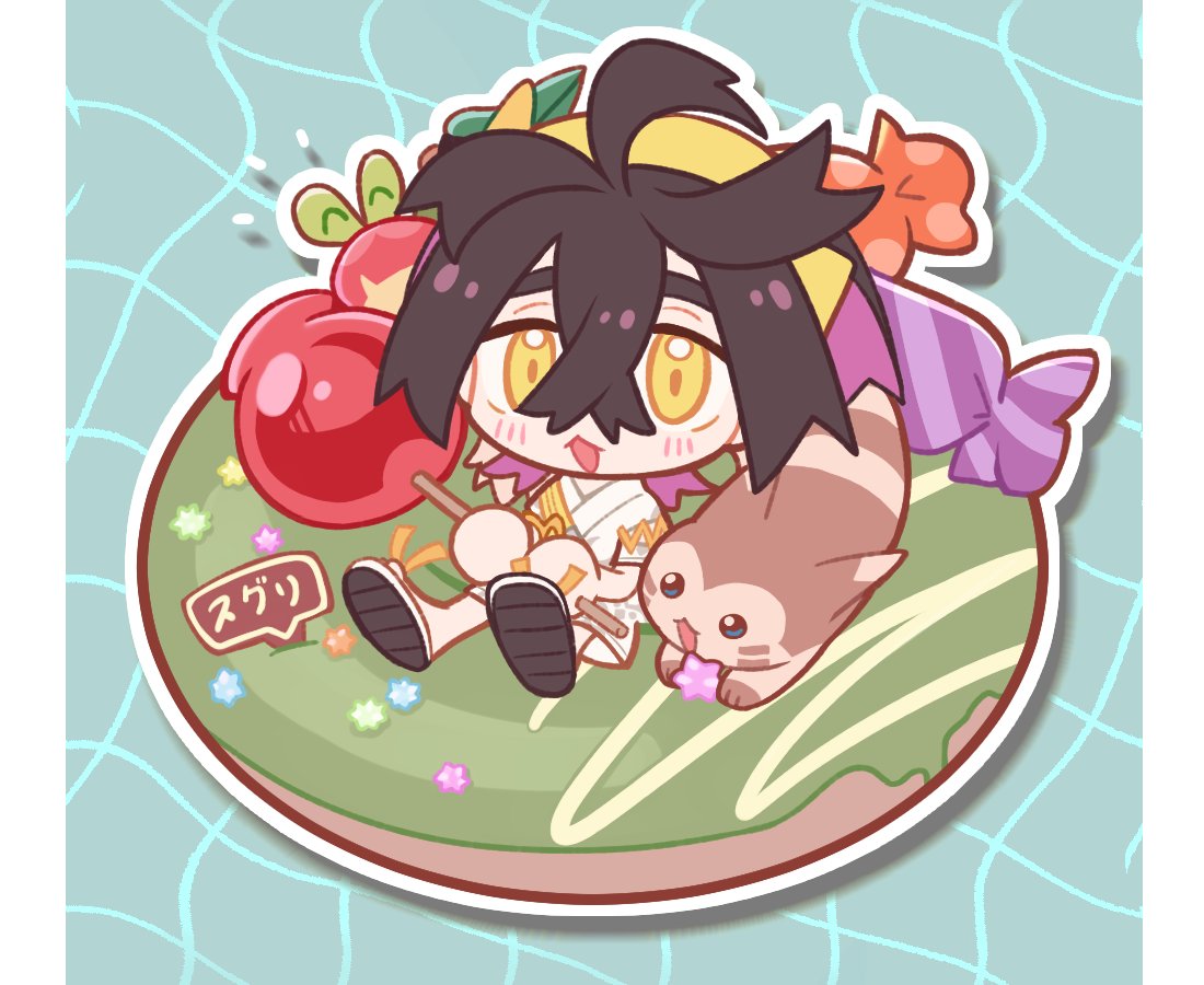 1boy, ^_^, applin, black_hair, candy, candy_apple, character_name, chibi, closed_eyes, commentary, doughnut, food, furret, hair_between_eyes, hairband, holding, holding_food, japanese_clothes, kieran_(pokemon), konpeitou, male_focus, multicolored_hair, oochiiii, open_mouth, pokemon, pokemon_(creature), pokemon_sv, purple_hair, sitting, symbol-only_commentary, yellow_eyes