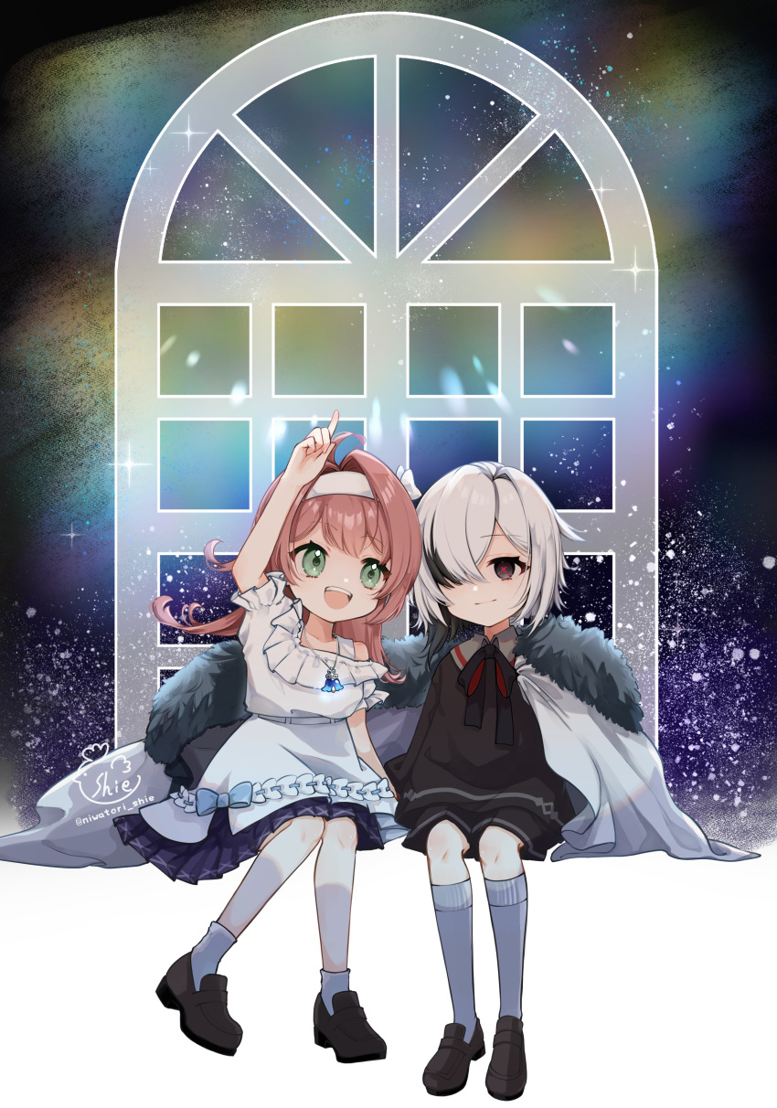 2girls, :d, absurdres, aged_down, arlecchino_(genshin_impact), arm_up, artist_name, aurora, black_eyes, black_footwear, black_jacket, bow, brown_hair, child, clervie_(genshin_impact), coat, commentary, dress, dress_bow, eye_contact, frilled_dress, frilled_sleeves, frills, full_body, fur-trimmed_coat, fur_trim, genshin_impact, green_eyes, grey_coat, hair_intakes, hair_over_one_eye, hairband, happy, highres, index_finger_raised, jacket, jewelry, kneehighs, knees_together_feet_apart, layered_dress, loafers, looking_at_another, medium_hair, multicolored_hair, multiple_girls, neck_ribbon, night, night_sky, niwatori_shie, one_eye_covered, open_mouth, pendant, pointing, pointing_up, red_pupils, ribbon, shoes, short_hair, side-by-side, signature, sitting, sky, smile, socks, streaked_hair, symbol-shaped_pupils, two-tone_hair, unworn_coat, white_dress, white_hair, white_hairband, white_socks, window, x-shaped_pupils