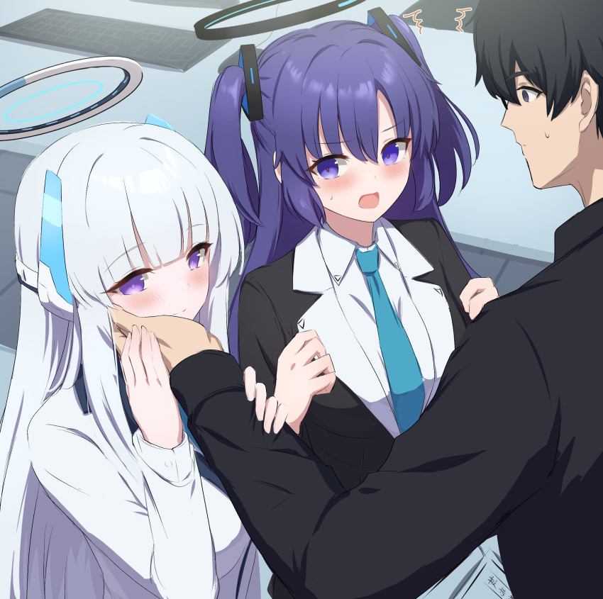 1boy, 2girls, absurdres, afrody, black_eyes, black_hair, black_jacket, black_shirt
