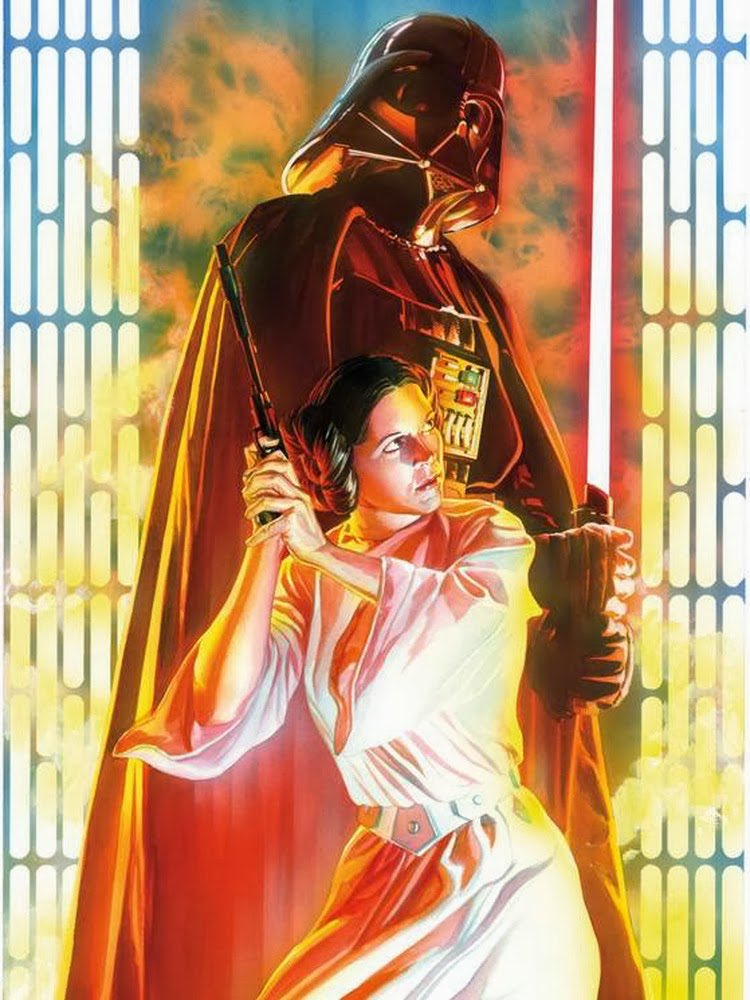 1boy, 1girl, alex_ross, brown_hair, darth_vader, energy_sword, english_commentary, gun