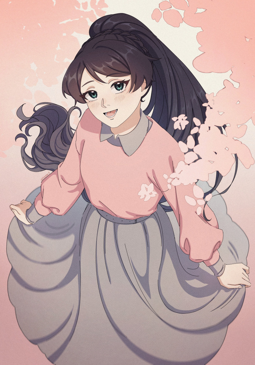 1girl, :d, absurdres, black_hair, blush, braid, collared_shirt, commentary