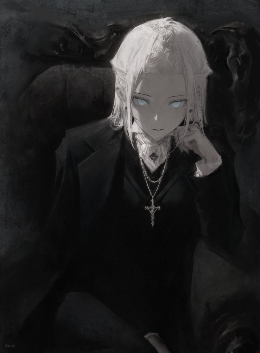 1girl, ascot, black_background, black_coat, black_pants, bliss_htt, closed_mouth, coat