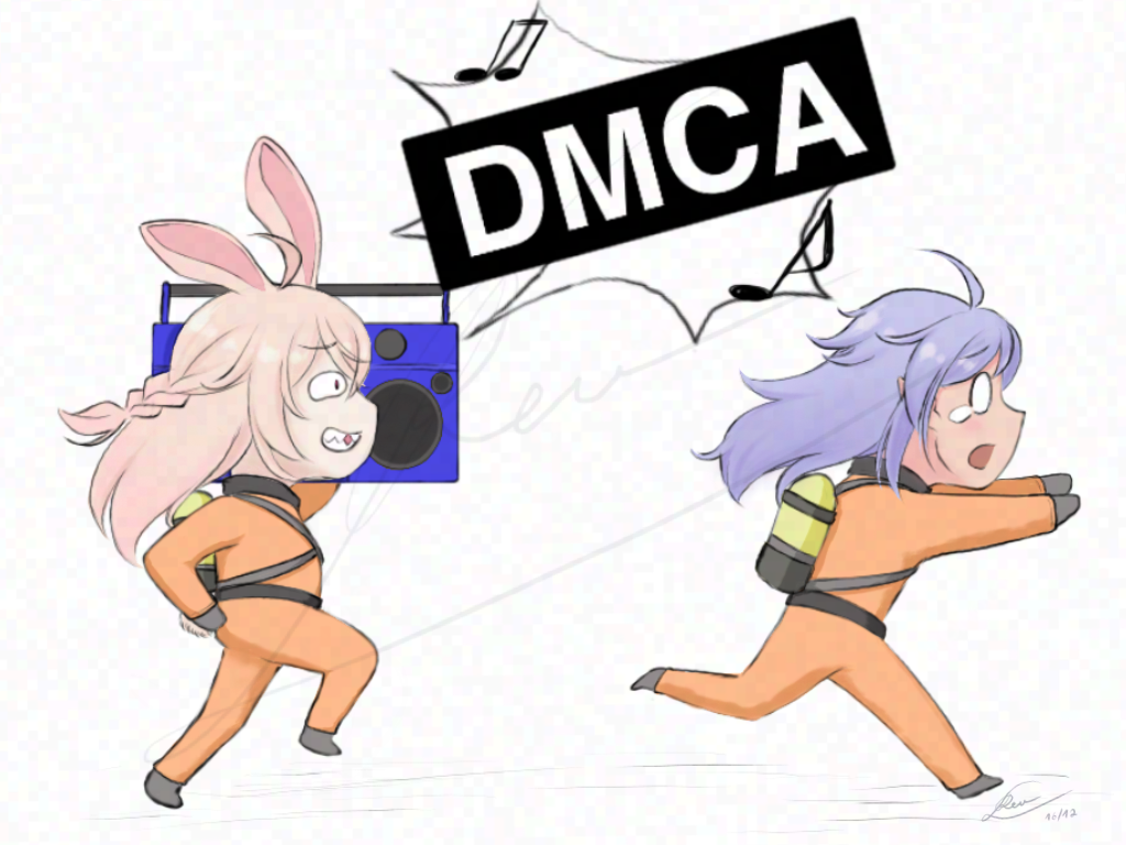 ahoge, animal_ears, blue_hair, boombox, braid, chasing, chibi, copyright_(topic), from_side, holding_boombox, indie_virtual_youtuber, jumpsuit, lazy_revenant, lethal_company, light_blue_hair, long_hair, musical_note, orange_jumpsuit, oxygen_tank, phase_connect, pink_hair, pipkin_pippa, rabbit_ears, running, signature, simple_background, sleepy_project, smile, spacesuit, virtual_youtuber, watermark, white_background