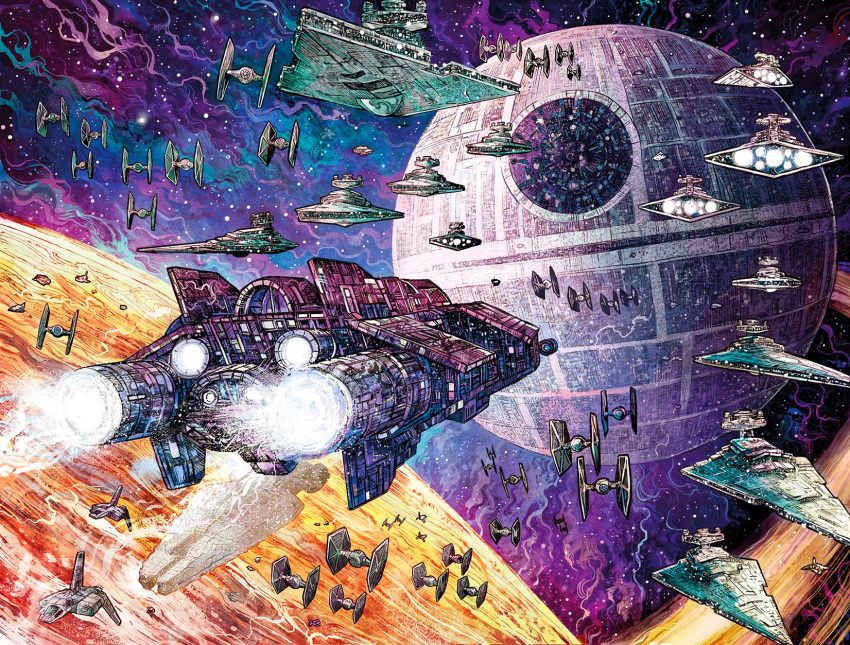 death_star, highres, military_vehicle, no_humans, science_fiction, space, spacecraft, star_destroyer