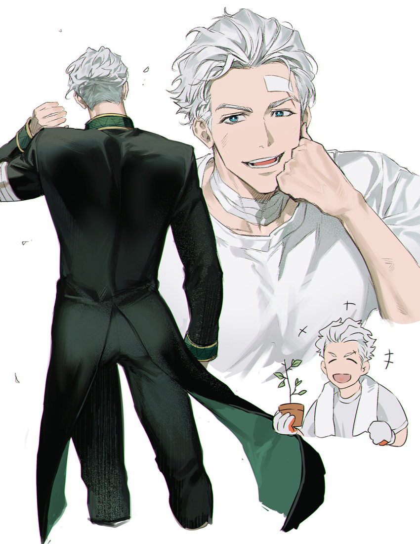 1boy, 77ho, bandaged_neck, bandages, from_behind, green_jacket, highres, jacket