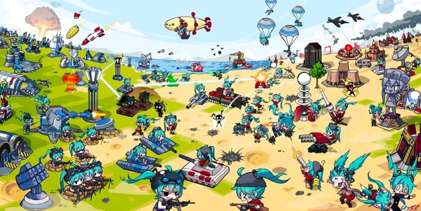 clone, command_and_conquer, command_and_conquer:_red_alert_2, hatsune_miku, kirov_airship, megurine_luka, multiple_girls, nuclear_explosion