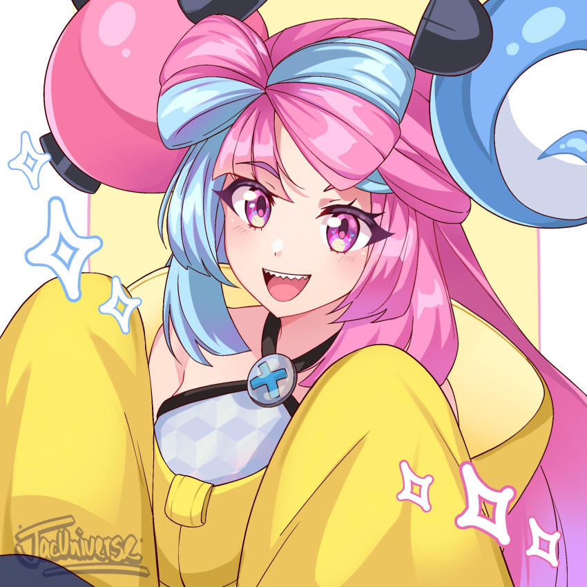 1girl, artist_logo, blue_hair, character_hair_ornament, hair_ornament, highres, iono_(pokemon), jacinth_peters