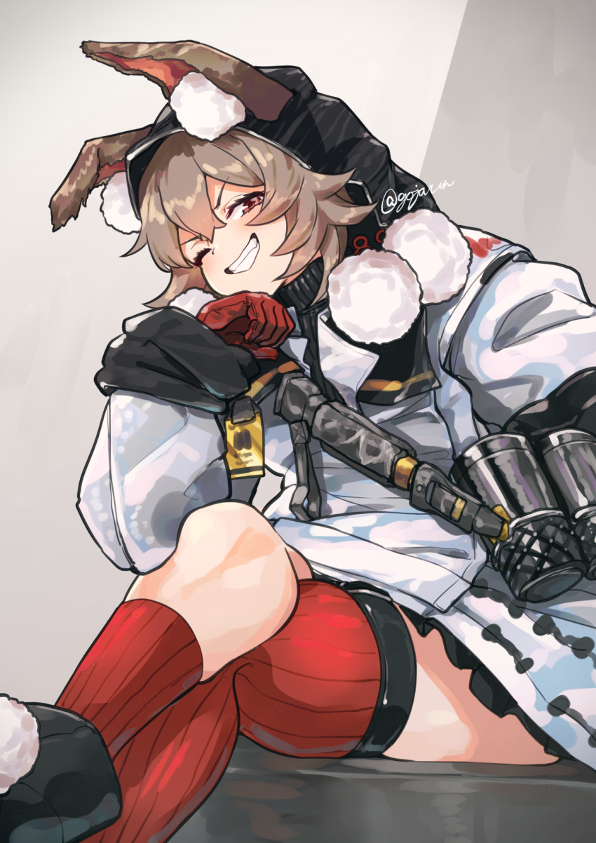 1girl, animal_ears, arknights, brown_hair, caper_(arknights), crossed_legs, gloves, gojarun