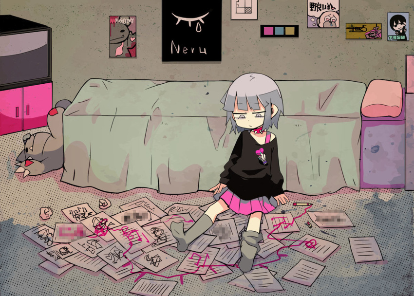 1girl, bags_under_eyes, bed, black_shirt, censored, closed_mouth, collar, crt, depressed, dot_nose, english_commentary, fake_censor, grey_socks, hands_on_floor, happy-chan_(nanawo_akari), happy_ni_naritai_(nanawo_akari), heart, indie_utaite, looking_down, mosaic_censoring, official_art, paper, pencil, pillow, pink_collar, pink_skirt, pleated_skirt, poster_(object), print_shirt, purple_hair, shirt, short_hair, sitting, skirt, socks, solo, spiked_collar, spikes, stuffed_animal, stuffed_toy, teddy_bear, television, terada_tera, violet_eyes