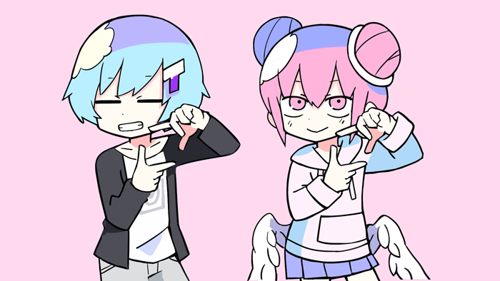 1boy, 1girl, :>, angel, angel_wings, black_jacket, blue_hair, blue_skirt