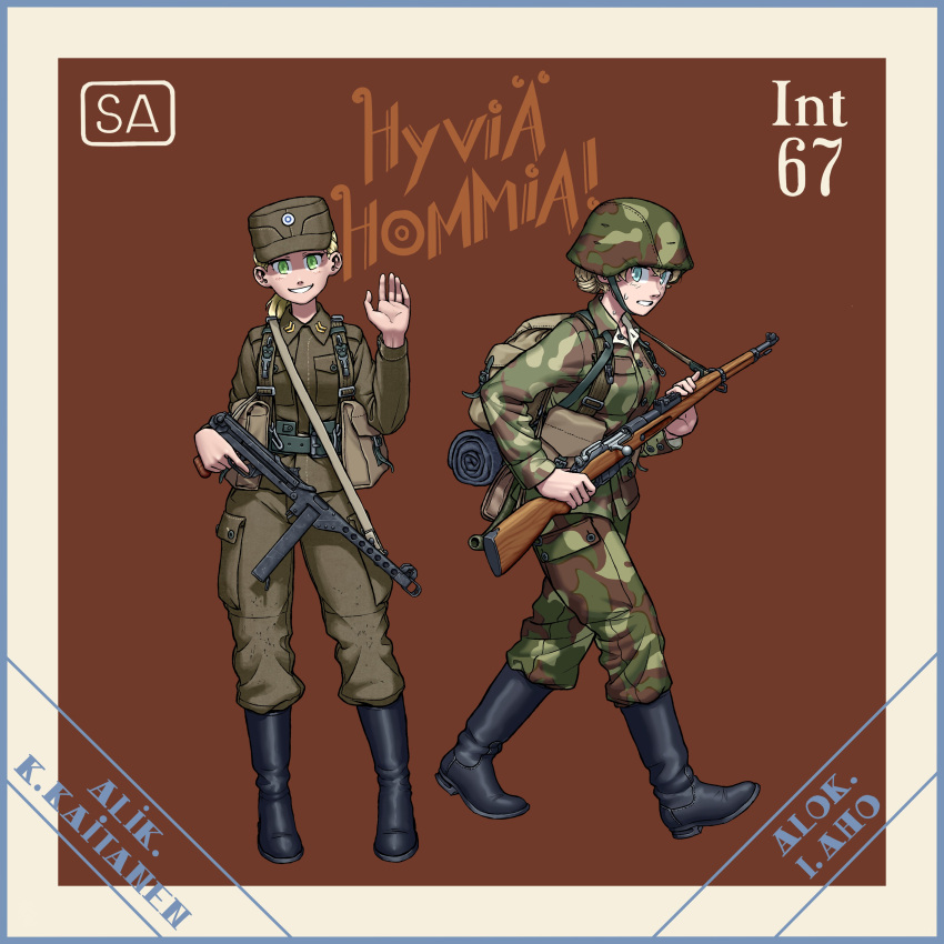 2girls, absurdres, ammunition_pouch, backpack, bag, bedroll, black_footwear, blonde_hair
