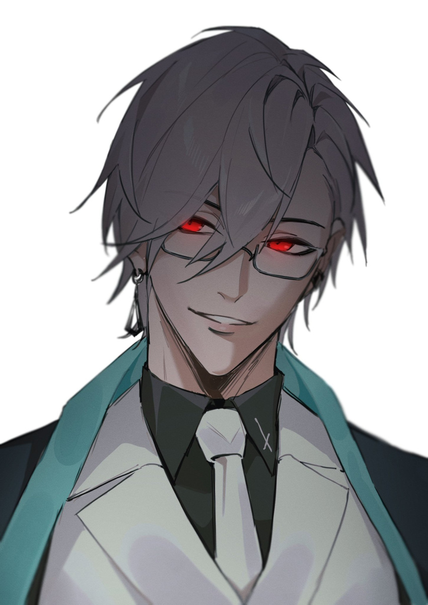 1boy, black_coat, black_shirt, coat, coat_on_shoulders, collared_shirt, commentary_request, earrings