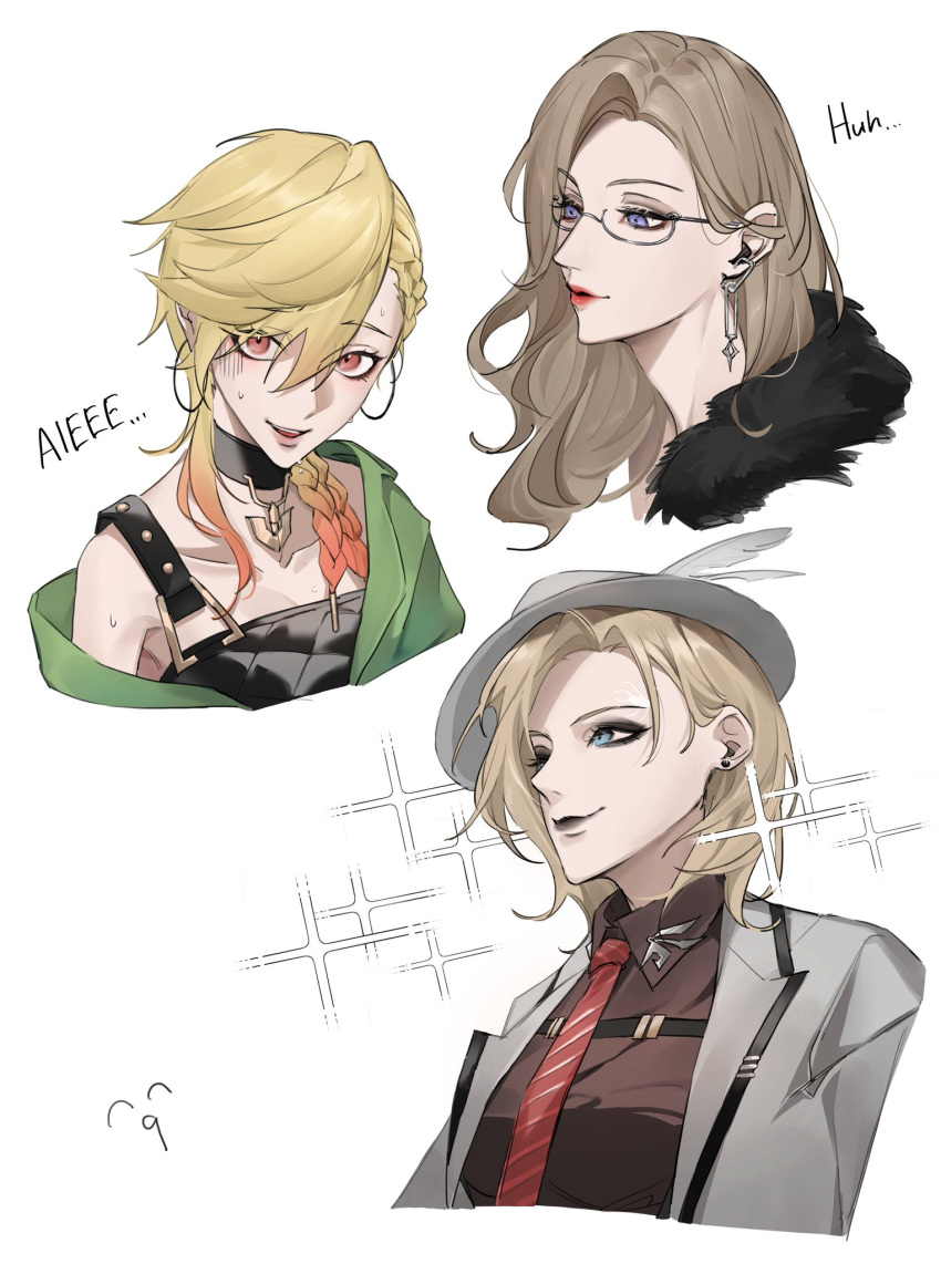3girls, black_choker, black_eyeshadow, black_lips, black_shirt, blonde_hair, blue_eyes, brown_hair