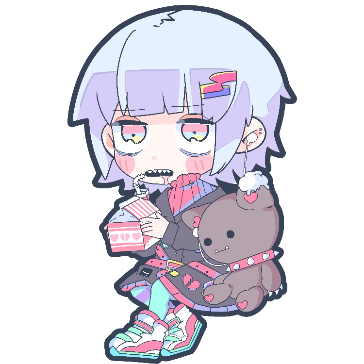 1girl, aqua_thighhighs, bags_under_eyes, belt, black_jacket, blue_hair, blue_outline, blush_stickers, box, broken_heart, chibi, clover_(kurabe_yukiha), coat, drinking_straw, earphones, hair_ornament, hairclip, happy-chan_(nanawo_akari), happy_ni_naritai_(nanawo_akari), heart, holding, holding_box, indie_utaite, jacket, jitome, juice_box, nanawo_akari, outline, pink_belt, pink_footwear, pink_sweater, short_hair, sidelocks, simple_background, sitting, solo, stuffed_animal, stuffed_toy, sweater, teddy_bear, thigh-highs, turtleneck, turtleneck_sweater, white_background