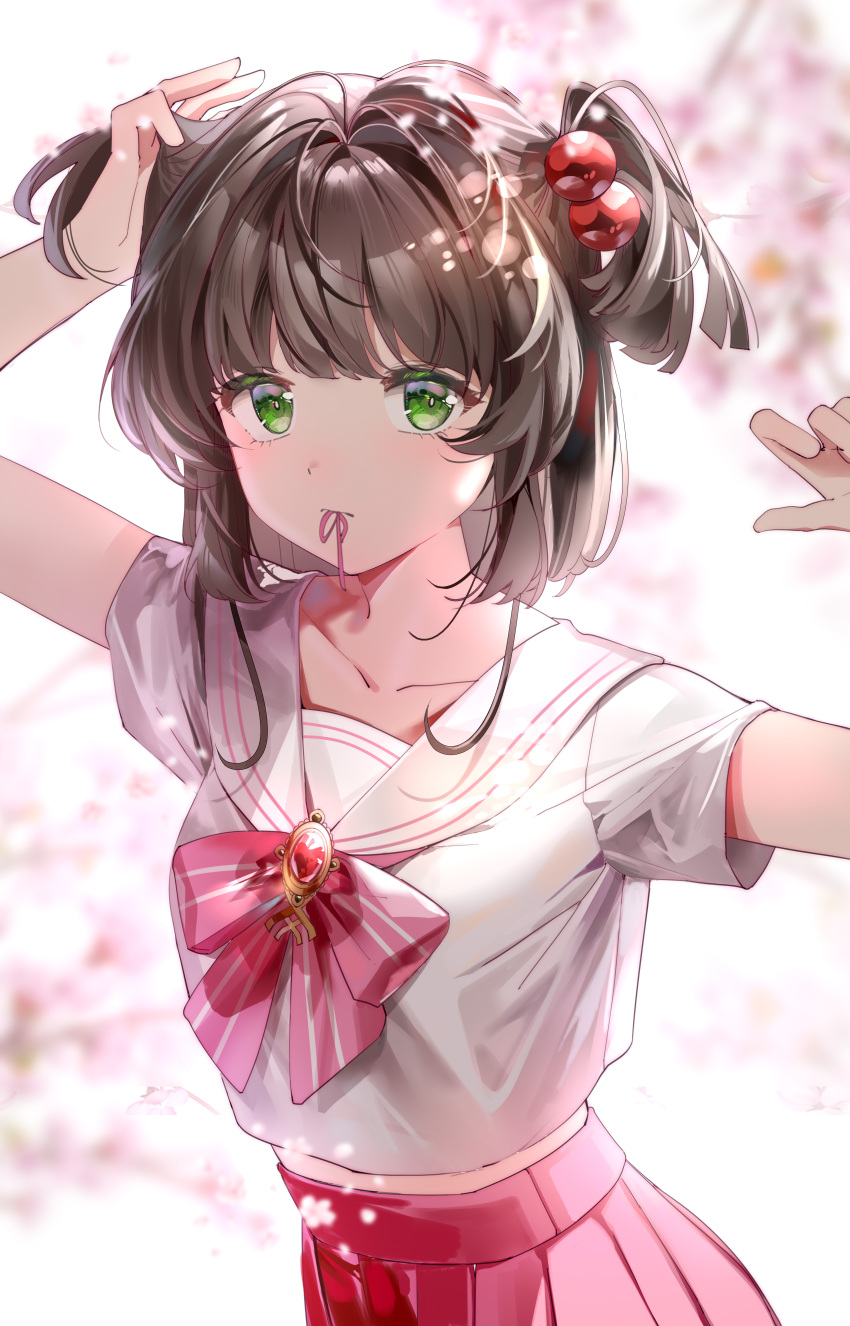 1girl, absurdres, adjusting_hair, arms_up, blurry, blurry_background, bow, bowtie
