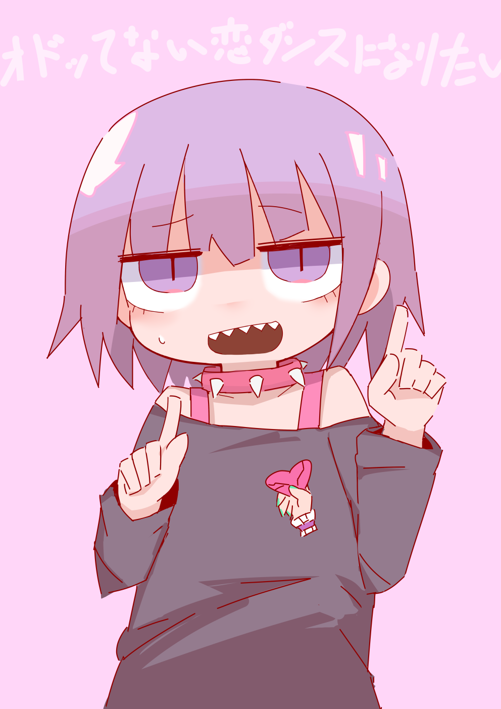 1girl, black_shirt, chibi, collar, happy-chan_(nanawo_akari), happy_ni_naritai_(nanawo_akari), highres, index_fingers_raised, indie_utaite, kantol, nanawo_akari, nervous_smile, open_mouth, partially_shaded_face, pink_background, pink_collar, print_shirt, purple_hair, sharp_teeth, shirt, short_hair, simple_background, small_sweatdrop, smile, solo, spiked_collar, spikes, teeth, translation_request, violet_eyes