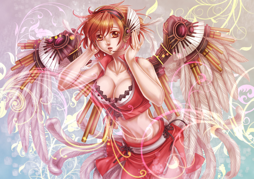 bra, breasts, brown_eyes, brown_hair, cleavage, crop_top, feathers, front-tie_top