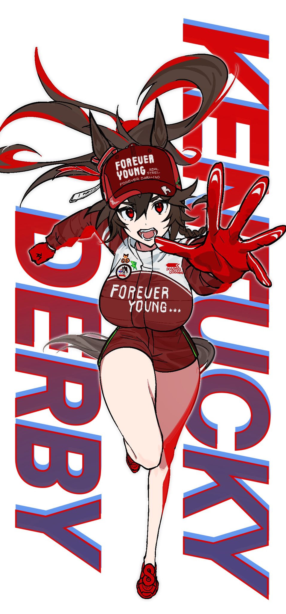 1girl, animal_ears, baseball_cap, braid, breasts, brown_hair, character_name, clothes_writing