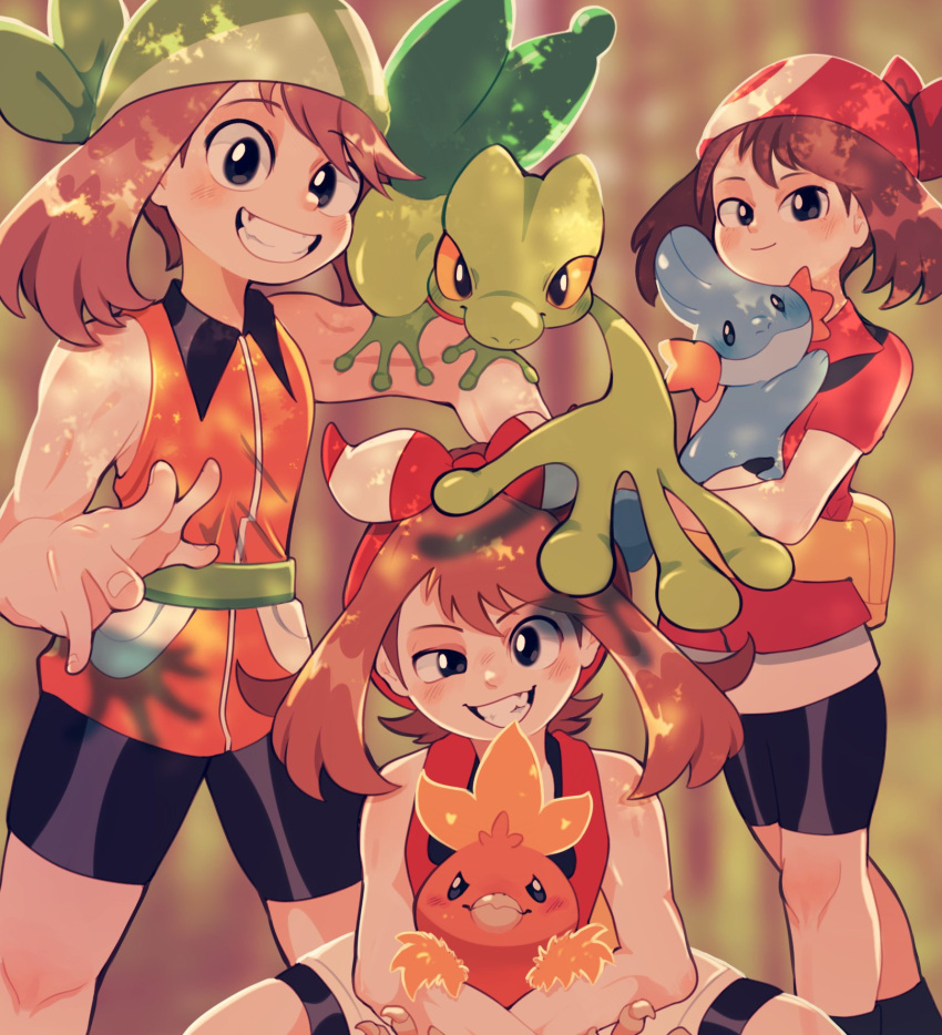 3girls, bandana, bare_shoulders, bike_shorts, black_eyes, black_shorts, bow, brown_hair