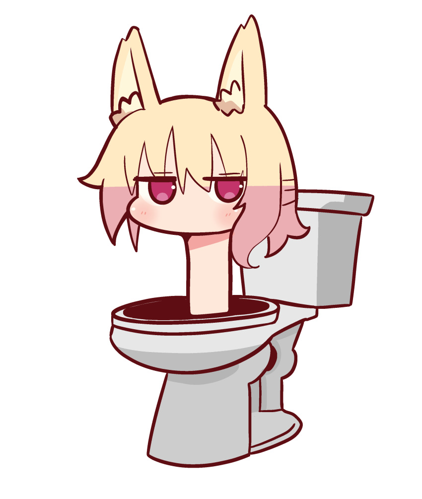 1girl, absurdres, animal_ear_fluff, animal_ears, blonde_hair, blush, borrowed_character, chibi, fox_ears, fox_girl, highres, jitome, kemomimi-chan_(naga_u), meme, no_mouth, original, simple_background, skibidi_toilet_(series), solo, toilet, transparent_background, zundamonium