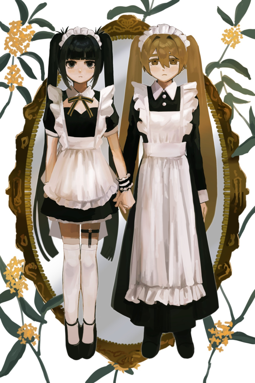 2girls, :<, :|, apron, arm_at_side, black_dress, black_eyes, black_hair