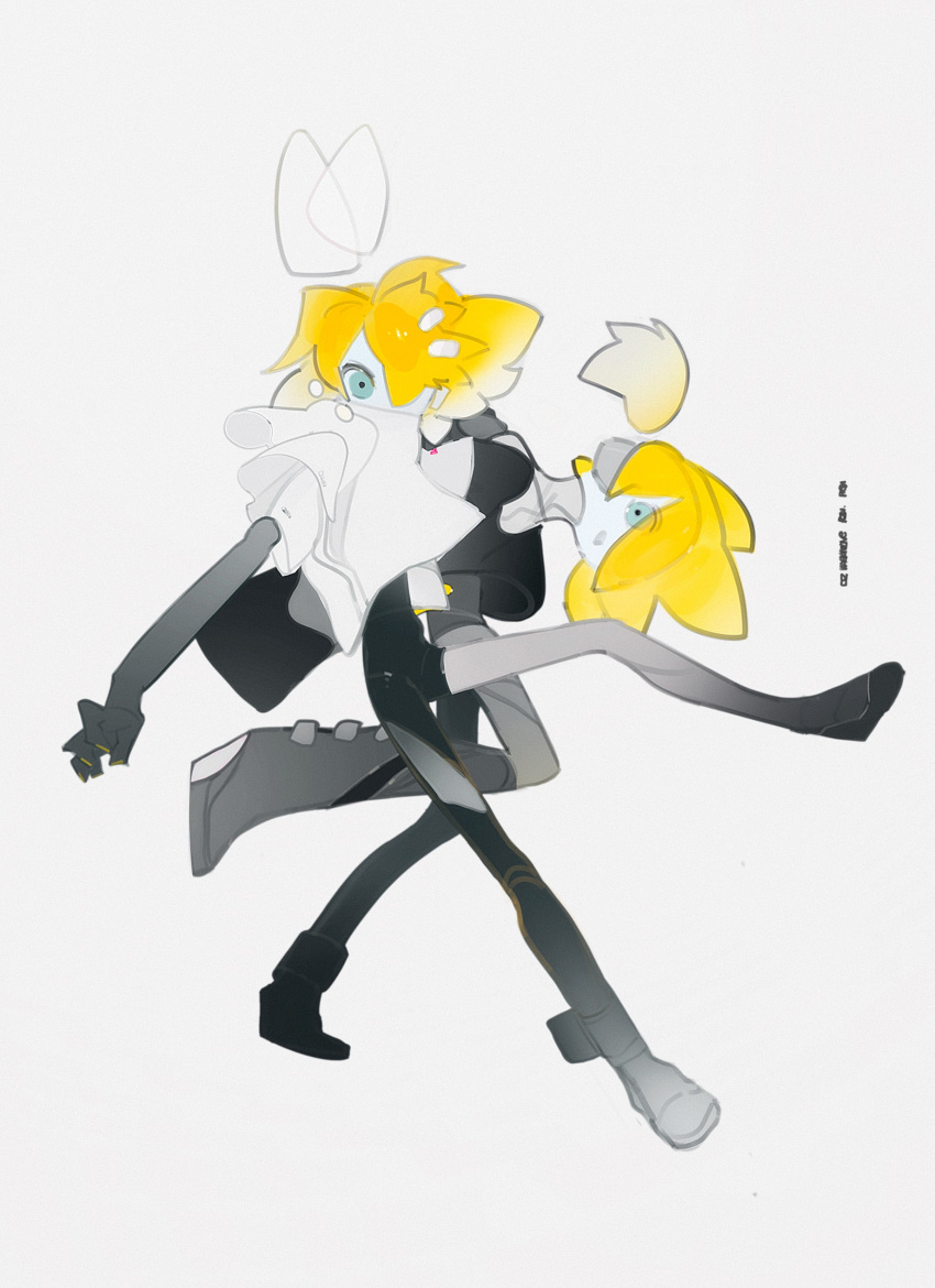 052_(saniiiwan), 1boy, 1girl, absurdres, alternate_costume, asymmetrical_footwear, behind_another, black_bodysuit