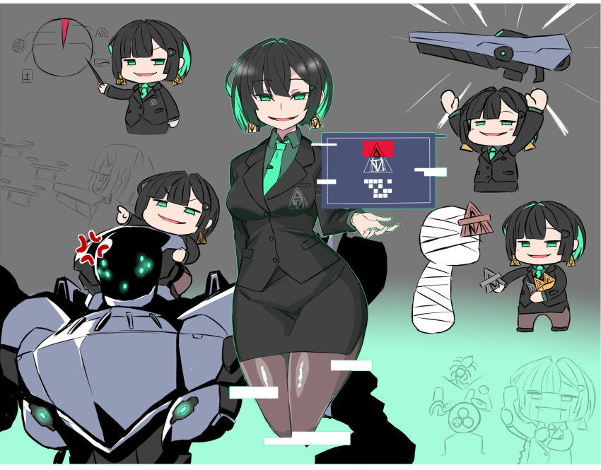 1boy, 1girl, 621_(armored_core_6), allmind_(armored_core_6), armored_core, armored_core_6, bandages, black_hair, chibi, commentary_request, earrings, highres, jewelry, karasawa_(weapon), mecha, multicolored_hair, personification, pie_chart, pointing, robot, smug, suit, two-tone_hair