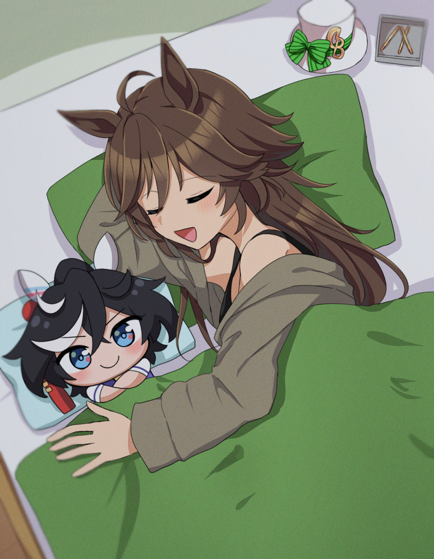 1girl, ahoge, animal_ears, black_hair, blanket, brown_hair, closed_eyes, doll
