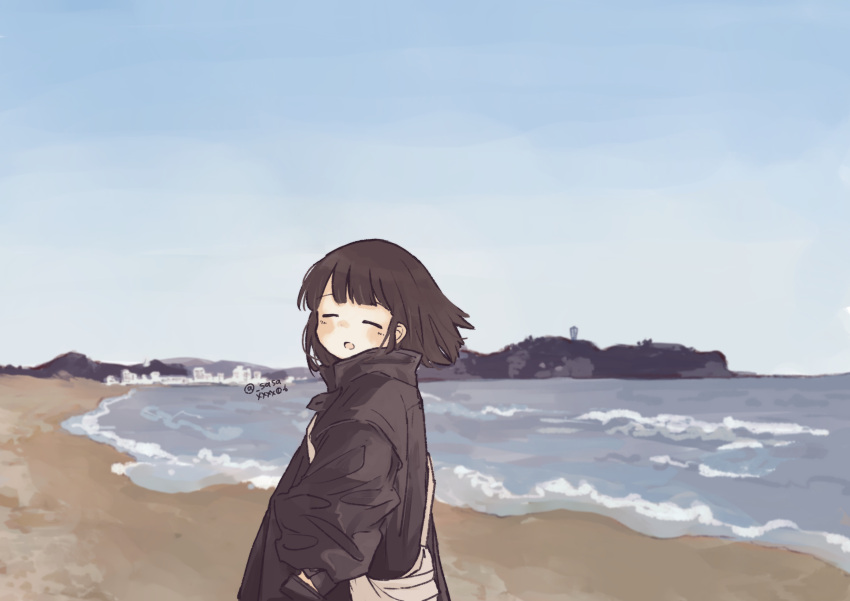 1girl, :o, absurdres, arms_at_sides, bag, beach, black_jacket, blue_sky