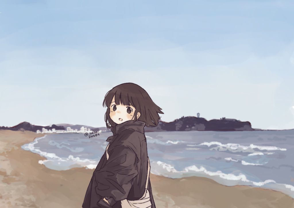 1girl, :o, arms_at_sides, bag, beach, black_jacket, blue_sky, blush