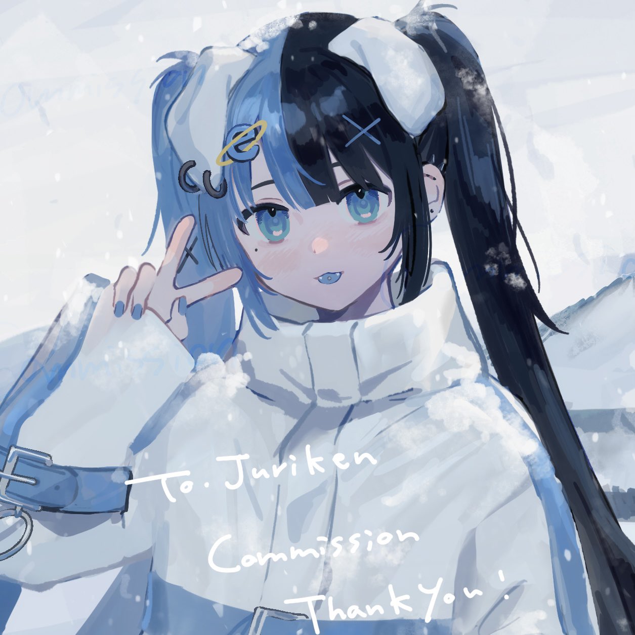 1girl, :p, animal_ears, black_hair, blue_eyes, blue_hair, blue_nails, blush, collared_jacket, commission, dog_ears, floppy_ears, hair_ornament, hand_up, highres, inu_dakisime, jacket, looking_at_viewer, mole, mole_under_eye, multicolored_hair, nail_polish, open_mouth, original, sleeves_past_wrists, smile, snowing, solo, striped_clothes, striped_jacket, thank_you, tongue, tongue_out, twintails, two-tone_hair, upper_body, v, white_jacket, x_hair_ornament