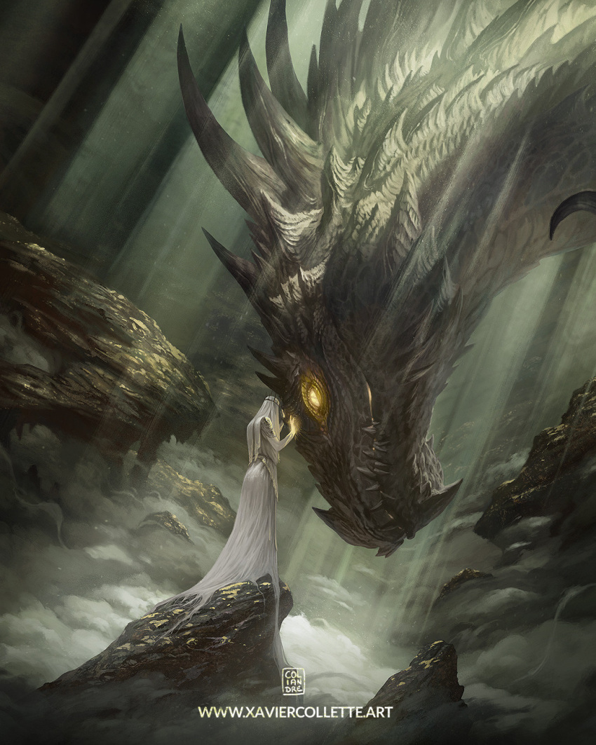 1girl, artist_name, cave, coliandre, colored_extremities, colored_skin, commentary, dragon