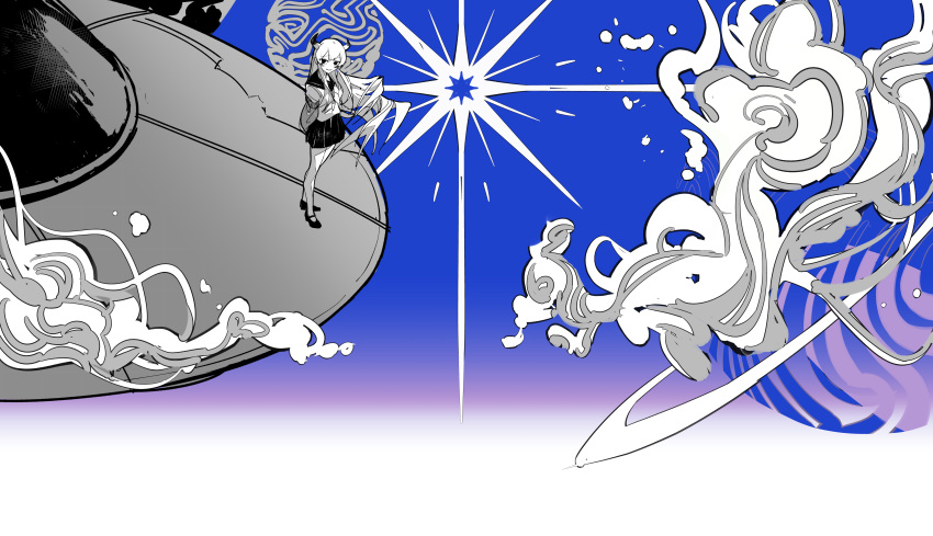1girl, absurdres, arms_behind_back, blue_background, cevio, diffraction_spikes, floating_hair, gradient_background, greyscale_with_colored_background, highres, horns, huisheng_die, isei_ni_ikou_ne_(cevio), long_hair, long_sleeves, looking_at_viewer, mary_janes, neckerchief, on_vehicle, planet, planetary_ring, pleated_skirt, school_uniform, serafuku, shirt, shoes, skirt, smoke, solo, standing, star_(symbol), ufo, very_long_hair, white_background, wide_shot