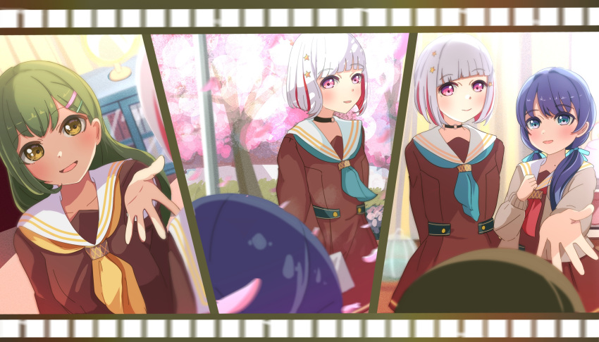 4girls, aqua_neckerchief, arms_behind_back, black_choker, blue_eyes, blue_hair, blue_ribbon, blush