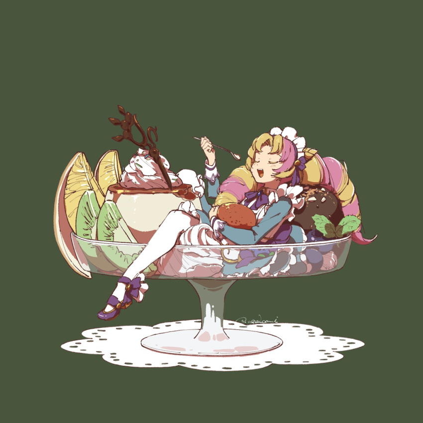 1girl, :d, aqa2comi, bow, bowtie, cafe_cuties_gwen, closed_eyes, cone_hair_bun