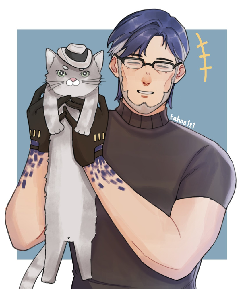 1boy, animal, beard, blue_hair, cat, cheekbones, closed_mouth, clothed_animal