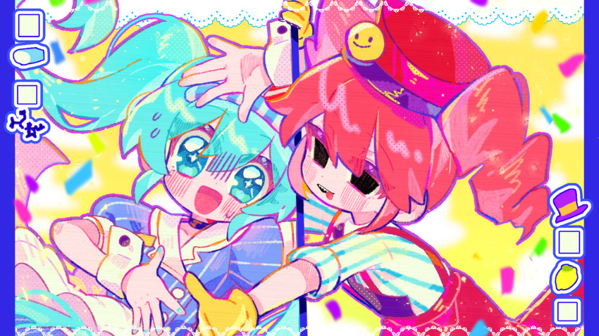 2girls, arm_up, black_eyes, black_necktie, blue_dress, blush, chemical_structure, chibi
