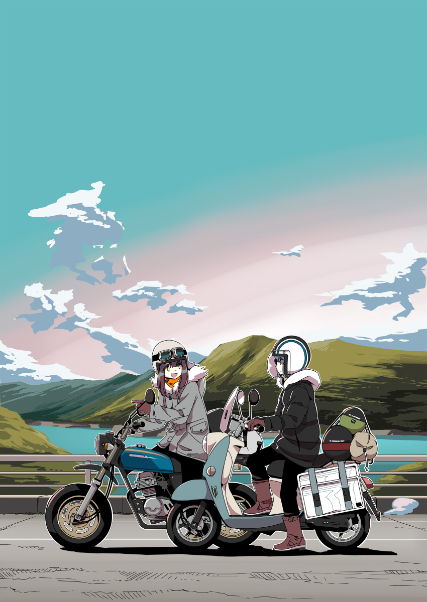 2girls, absurdres, afro_(kngotezo), bag, black_jacket, black_pants, blue_hair, boots