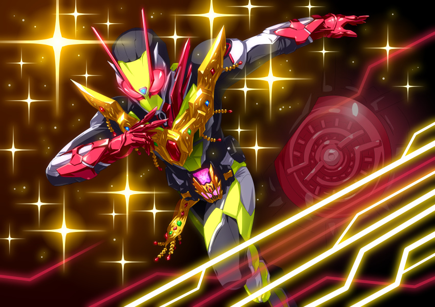 1boy, absurdres, antennae, ark_(kamen_rider_01), armor, asymmetrical_armor, belt, black_bodysuit