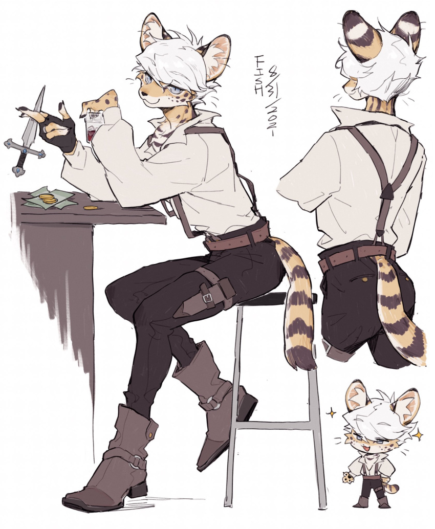 1boy, animal_ear_fluff, animal_ears, ankle_boots, belt, between_fingers, black_gloves, black_nails