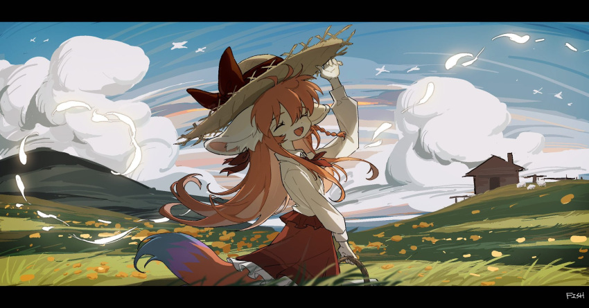 1girl, ^_^, animal_ear_fluff, animal_ears, artist_name, basket, blue_sky, bow