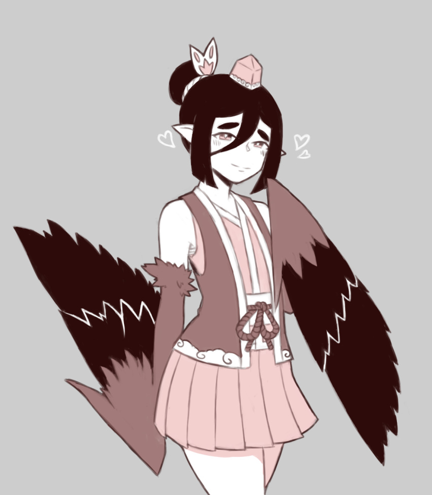 1girl, blush, commission, feathered_wings, flat_chest, hair_between_eyes, hair_bun, harpy