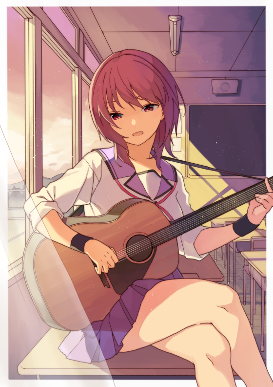 1girl, acoustic_guitar, angel_beats!, black_wristband, blue_sailor_collar, blue_skirt, chalkboard, classroom