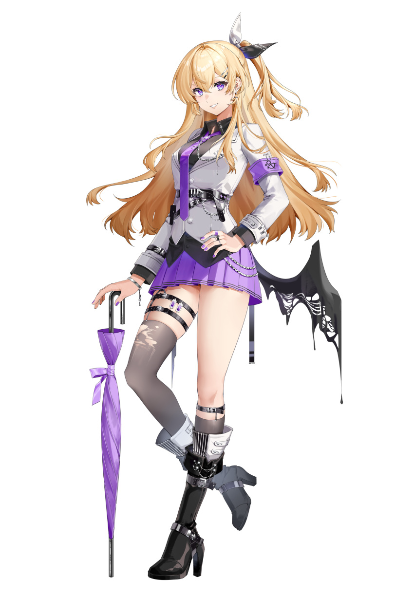 1girl, absurdres, asymmetrical_legwear, belt, belt_chain, black_belt, black_bow, black_footwear